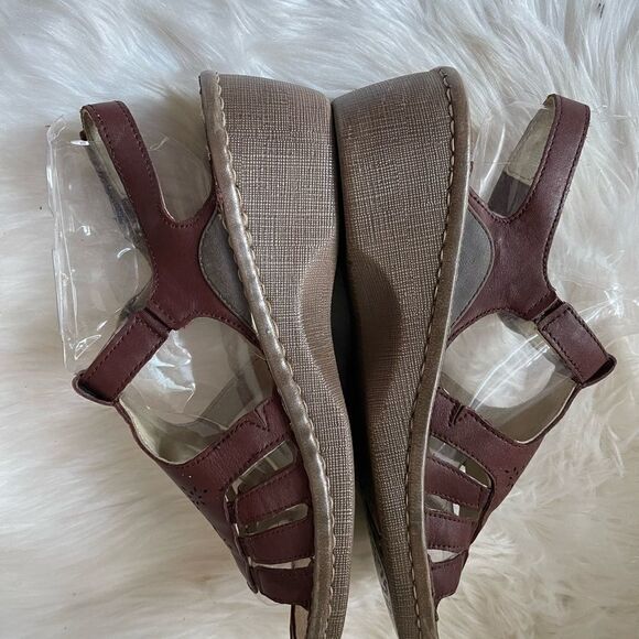 PW minor leather brown wedge adjustable Velcro strap sandals size 9 - Picture 7 of 10